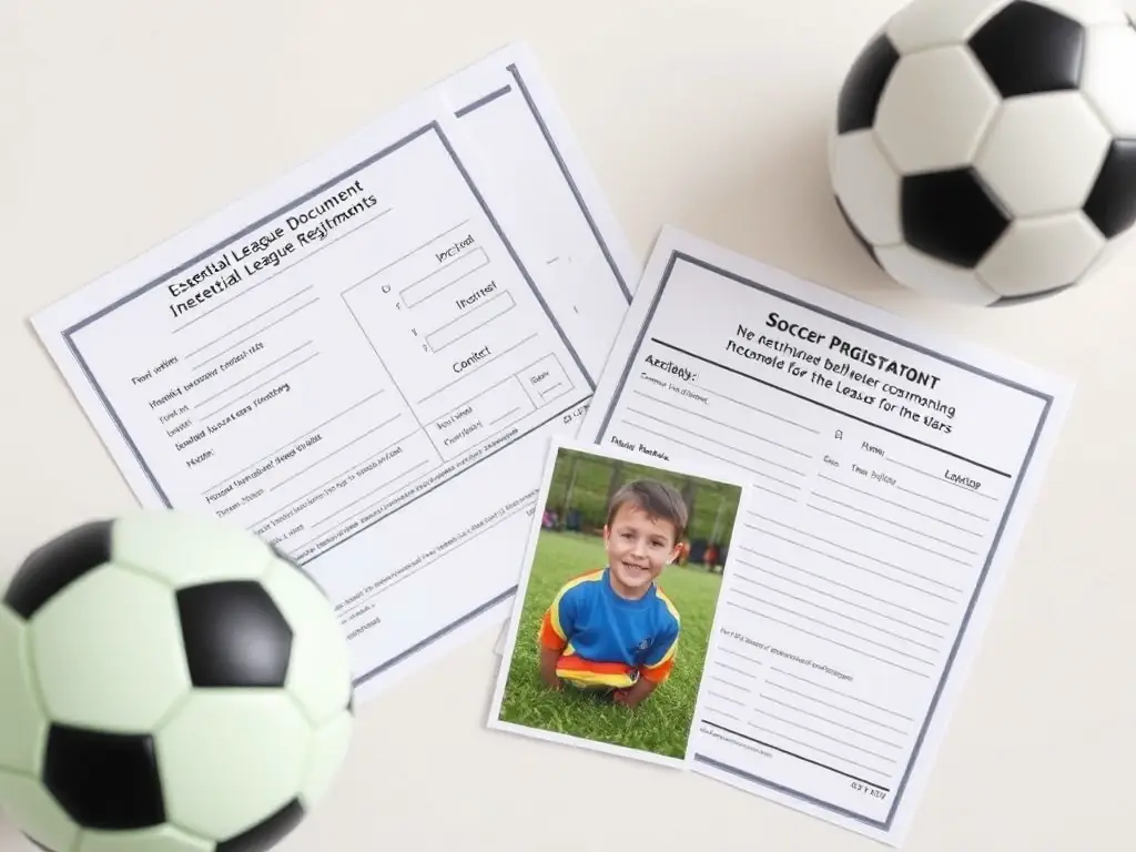 A collection of essential documents required for soccer league registration, including a birth certificate, medical release form, and a recent photograph of the player.
